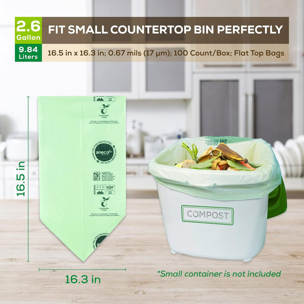 ANECO 100% Compostable Waste Bags 2.6 Gallon, Extra Thick Kitchen Small Compost Bags for Countertop Bin (100 Count)