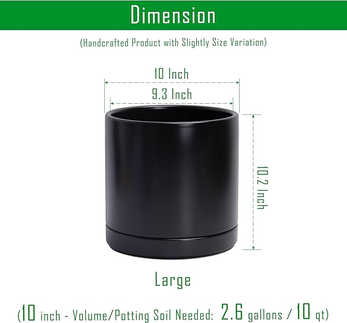D'vine Dev 10 Inch Ceramic Planter Pot with Drainage Hole and Saucer, Indoor Cylinder Round Planter Pot, Black, 94-O-E-2
