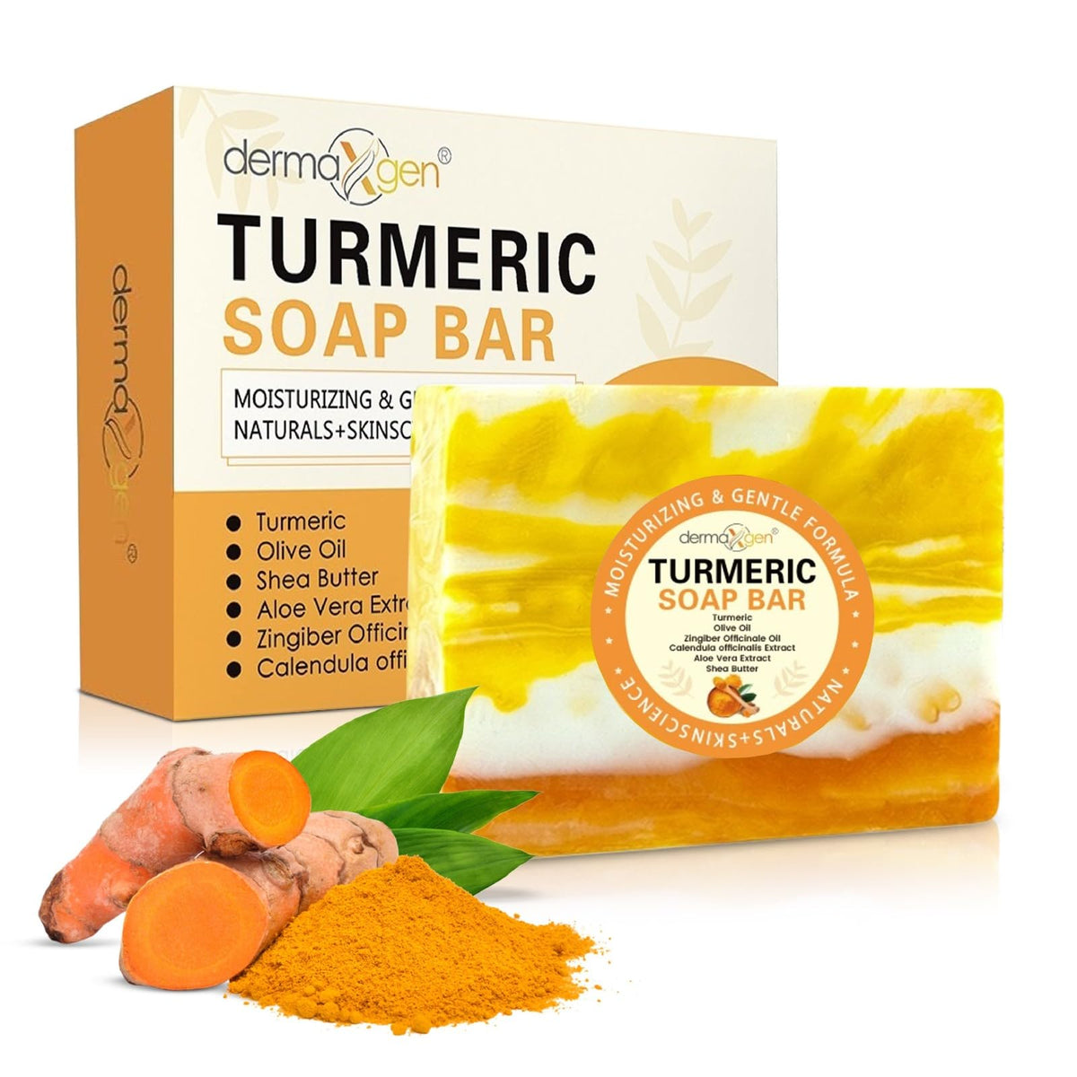 DERMAXGEN Organic Turmeric Soap Bar for Face & Body – Pure Turmeric Soap Bar for Acne, Scars, Uneven Tone, Blemish Control, Sun Damage & Age Spots – Handcrafted Skincare – 7 OZ