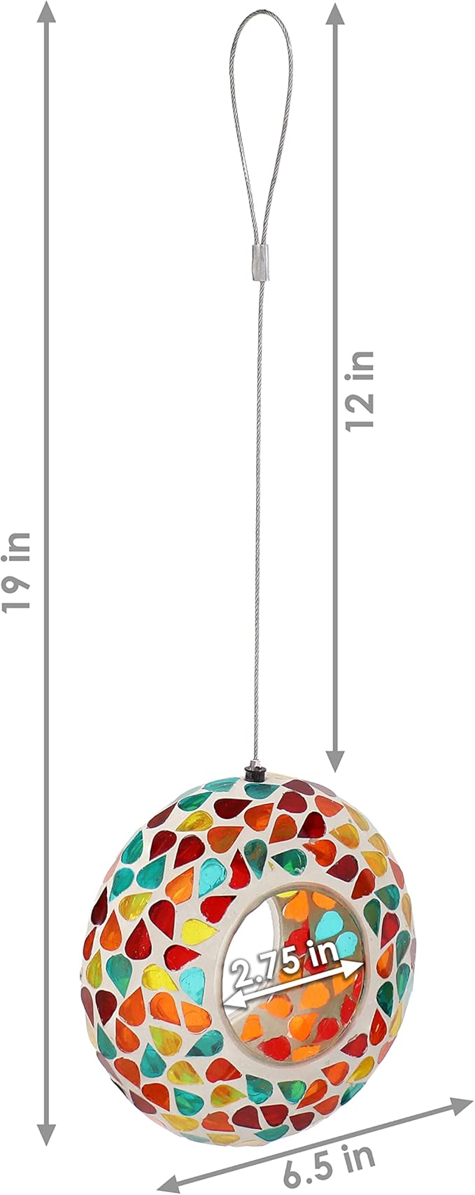 Sunnydaze 6-Inch Glass Mosaic Hanging Bird Feeder for Outdoors - Fly-Through Wild Bird Feeder - Confetti Mosaic