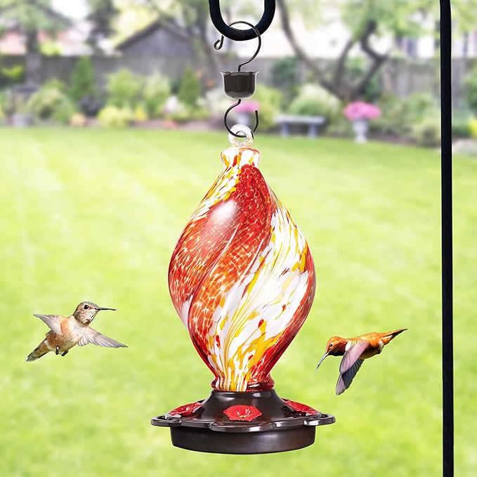 LUJII Ice Cream Shaped Spiral Hummingbird Feeder, Hand Blown Glass, 28 fl.oz, Leak Proof & Rustproof, Includes an Ant Moat for Outdoors Hanging, Unique & Stylish Garden, Outside & Backyard Decor (Red)
