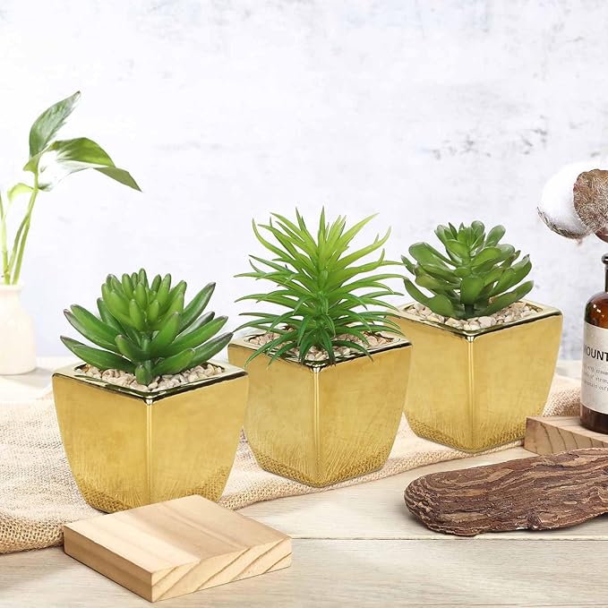 Hollyone Small Succulents Artificial 3 Pcs Faux Succulents with Gold Pots Mini Fake Succulent Plants Indoor Plant Ceramic Pots for Modern Office Desk Bathroom Shelf Living Room Home Decor