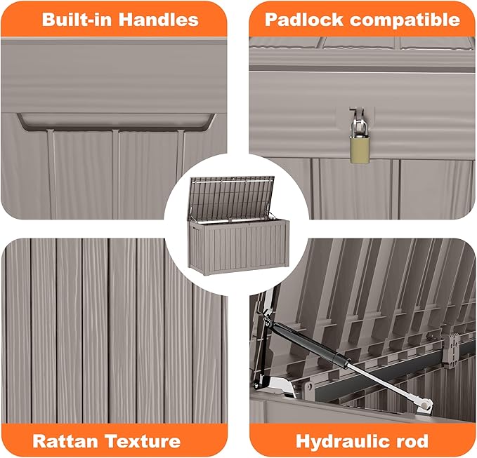 150 Gallon Resin Deck Box, Lockable Patio Outdoor Storage Box for Furniture, Garden Tools and Tools Storage, Waterproof Outside Storage Boxes - Grey