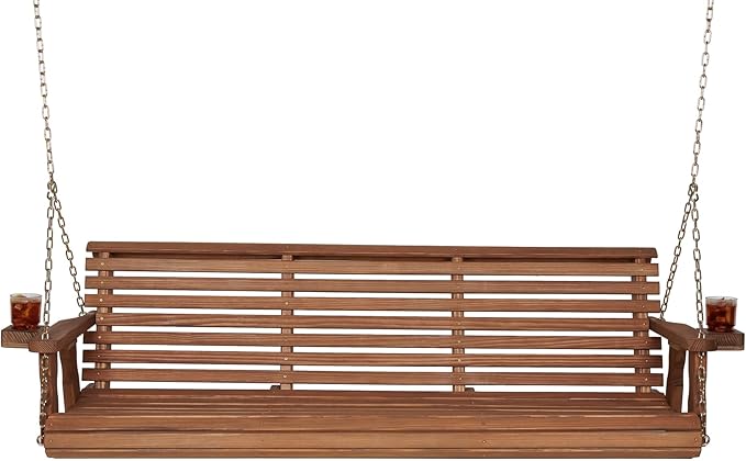Amish Casual 6 Foot Roll Back Porch Swing with Cup Holders in Oak Stain - Amish Made in The USA from Treated Pine Heavy Duty 700 Lb. Weight Capacity