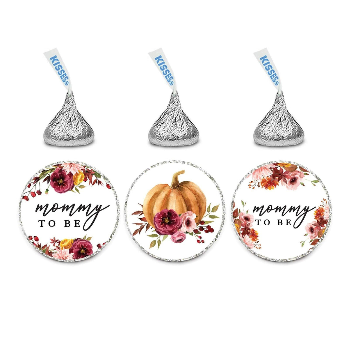 Andaz Press Fall Burgundy Marsala Baby Shower Party Collection, Chocolate Drop Label Stickers Trio, Mommy to Be, Marsala Floral and Pumpkin Graphic