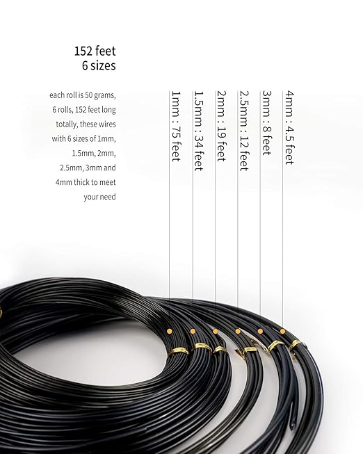 Bonsai Wire, 6 Sizes of 1mm, 1.5mm, 2mm, 2.5mm, 3mm, 4mm Black Aluminum Wire, Total 152 Feet Bonsai Tool Kit, 300 Grams Bonsai Tree Wire for Bonzai Trees Indoor by MoHern