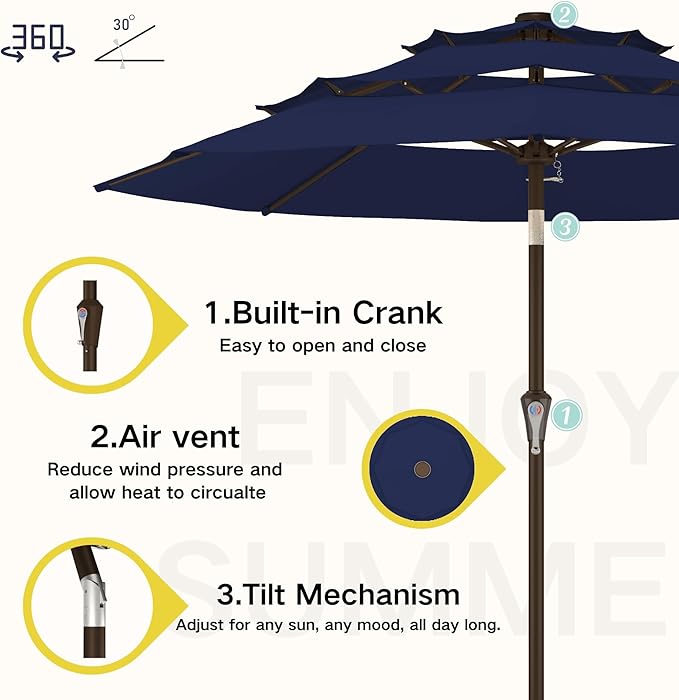 Kingdura 10ft 3-Tier Patio Umbrella, Outdoor Table Umbrella with Easy Crank & Tilt, 8 Reinforced Ribs, UV Protection for Deck, Pool, Market, Backyard (Navy blue)