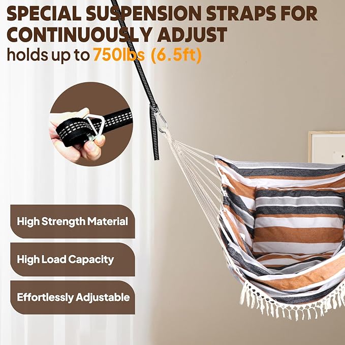 Chihee Hammock Chair Hanging Swing 2 Pillows Included,Strong Webbing Straps and Hooks for Easy Hanging Soft Cotton Hanging Chair Side Pocket Tassel Chair Comfort Indoor Outdoor Brown Stripes
