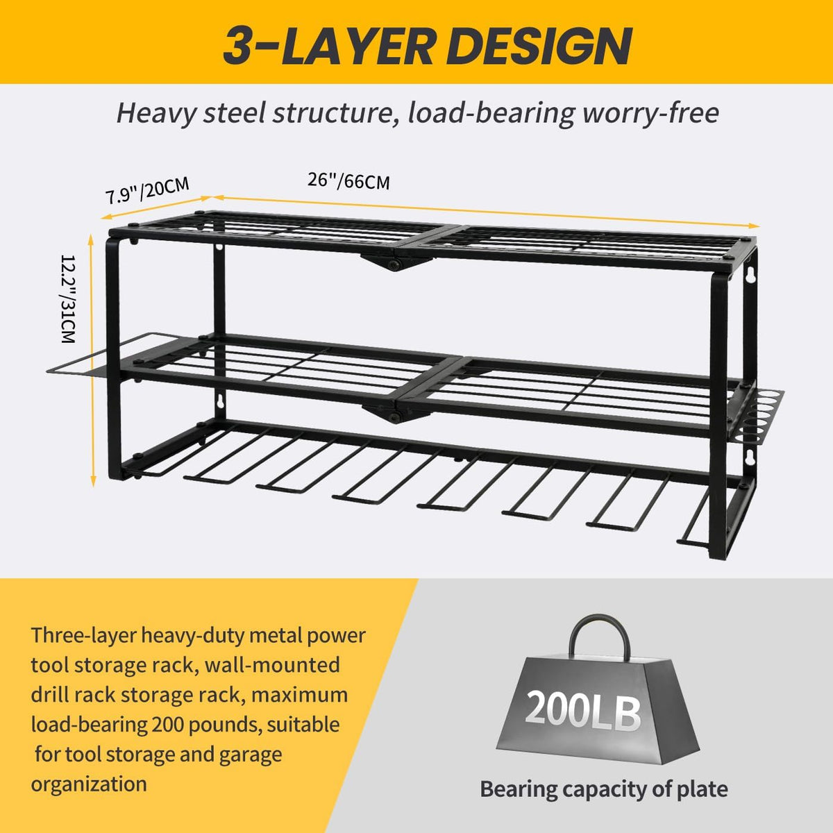 Wall Mount Power Tool Organizer, 3 Layer 7 Drill Hangers Storage Rack, Tool Organizers and Storage for Garage, Workshop, Pegboard, Shed - 26 inch