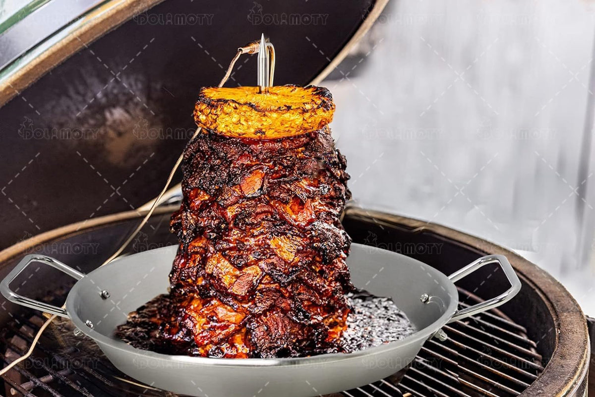 BBQ Vertical Skewer Pan Gyro Spit Stand for oven, Al Pastor Shawarma Skewer for Grill, El Pastor Hack for Tacos Al Pastor Chicken, Brazilian, Stainless Steel, with 8",10" and 12" stick