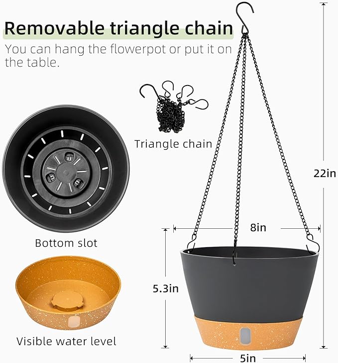 QCQHDU 2 Pack Hanging Planters for Indoor Outdoor Plants, 8 Inch Hanging Baskets Flower Pots with Reservoir Tray & Visible Water-Level