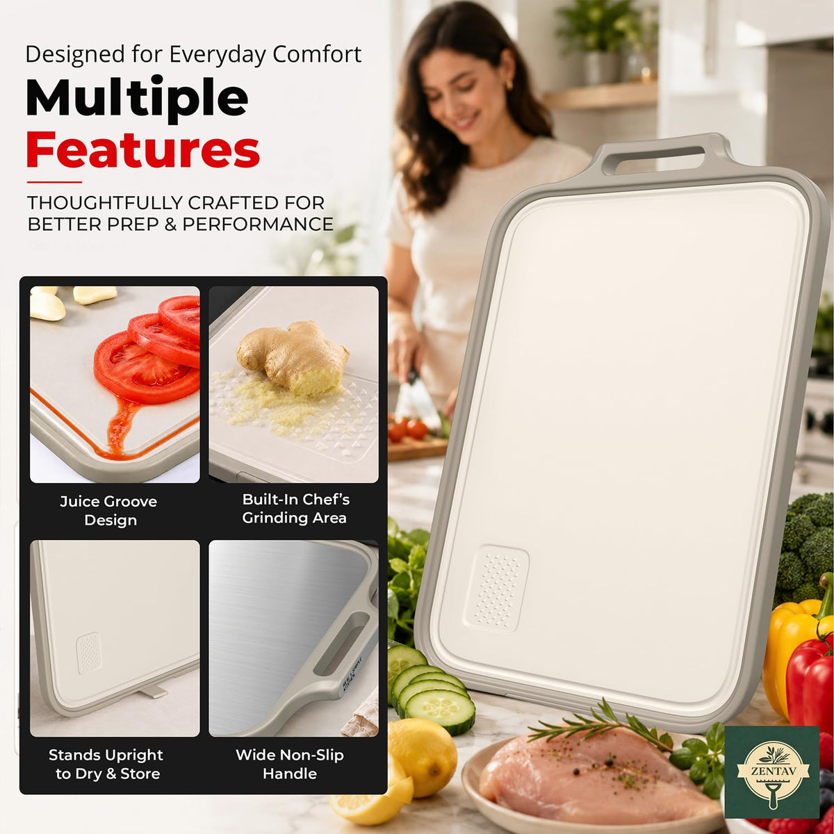 ZENTAV Single Stainless Steel Cutting Board Food Prep - 17" x 11" Double Sided Metal Cutting Board with Wheat Straw Side, Non-Slip Base, Built-in Shredder, Juice Groove & Stand