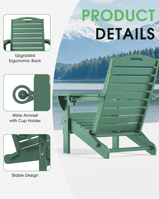 Folding Adirondack Chair HDPE All-Weather Adirondack Chairs with Cup Holder, Outdoor Fire Pit Chairs Lawn Chair for Deck Patio Garden (Green)