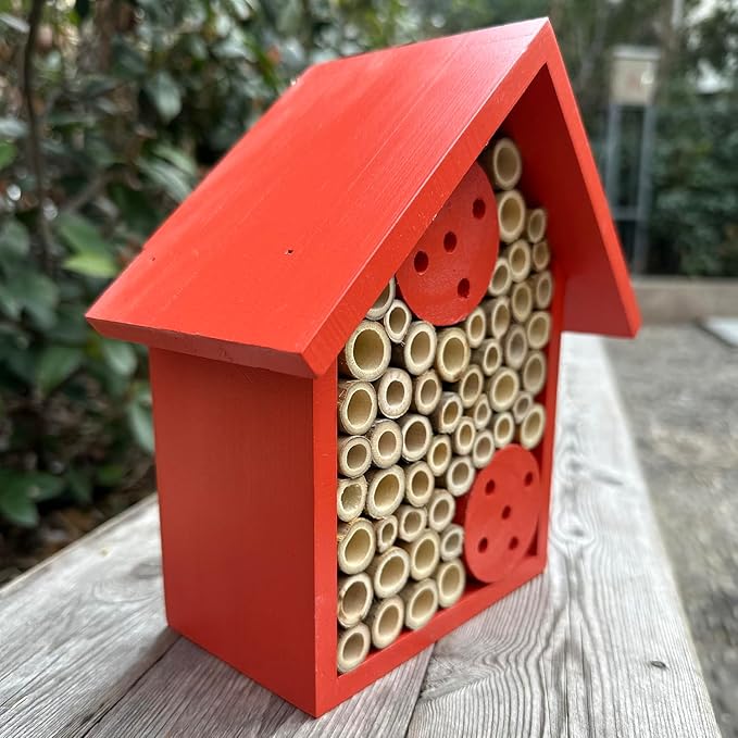 Mason Bee Houses Outdoor Wooden Bee Hotel for Garden and Yard Hand-Made Bamboo Bee Hive for Bees Butterflies and Ladybugs, Medium Size 8"x7.5"x5", Red