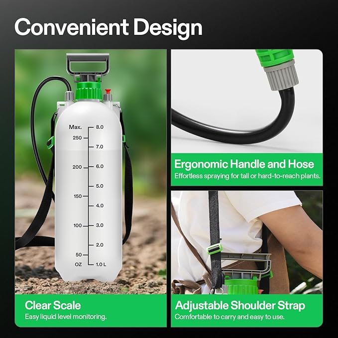 VIVOSUN Pump Sprayer 2.1 Gallon, Portable Water Spray Bottle in Lawn and Garden Yard, Weed Sprayer for Plants with 3 Nozzles, Adjustable Shoulder Strap, Pressure Relief Valve