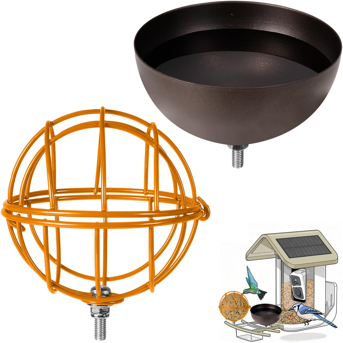 Hearthhub Metal Suet Ball Holder + Water Bowl Set for Birds - Compatible with Most Outdoor Smart Feeders - Round Suet Ball Holder for Outdoors - Bird Feeder Replacement Parts with 5mm Screw (Orange)