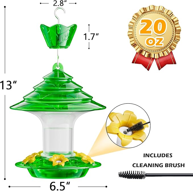 Birdream Hummingbird Feeder for Outdoors Hanging 40oz 10 Feeding Ports, 2 Pack Humming Bird Feeder with Ant Moat Brush Leak Proof - Green