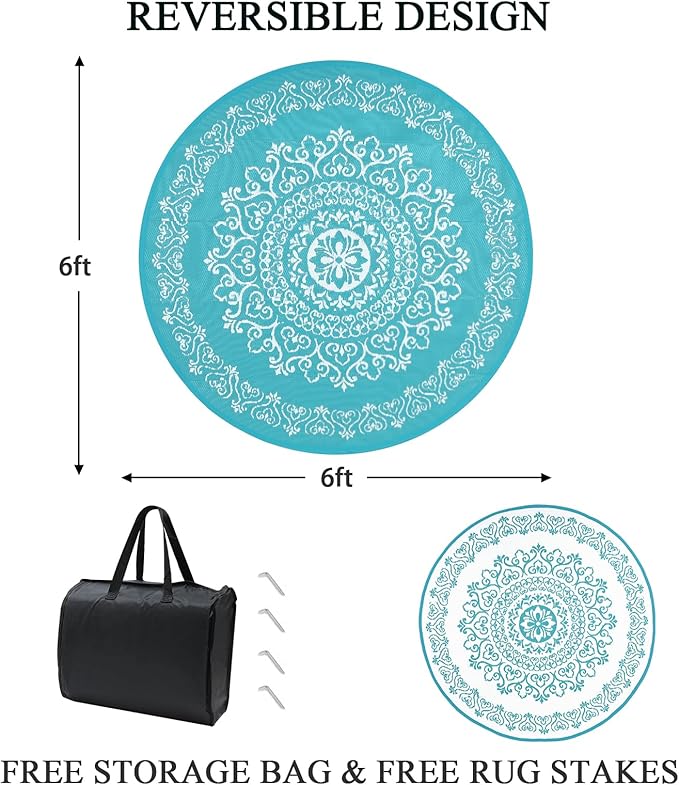Pauwer Waterproof Outdoor Rug 6ft, Reversible Plastic Straw Patio Camping Rug, Indoor Outdoor RV Mat Carpet for Deck, Camper, Porch, Balcony, Backyard, Picnic, Floral Teal