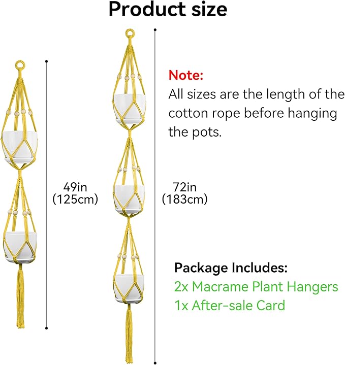 USLAI Macrame Plant Hanger Indoor Outdoor, Up to 4-15 inch Pot, Heavy 20lb Planters, Extra Long Strong Hanging Planter Basket Holder, Boho Home Decor, 49+72 Inch, Yellow (POTS NOT Included)
