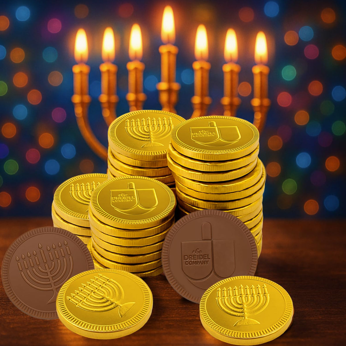 The Dreidel Company Hanukkah Chocolate Gelt Gold Coins in Mesh Bag, Milk Chocolate Coins, Kosher Certified Gelt (100 Mesh Bags)