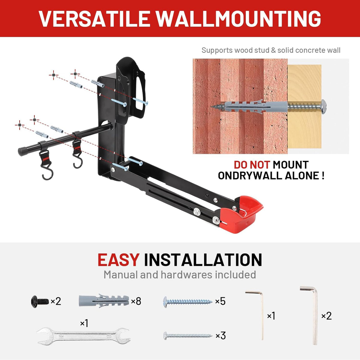 Bike Wall Mount Rack Adjustable & Foldable Garage Bike Rack with Swivel Design & 2 Storage Hooks, Fits 20"-29" Bikes, Holds Up to 77 lbs, Easy Install & Space-Saving Bike Storage 2 Pack