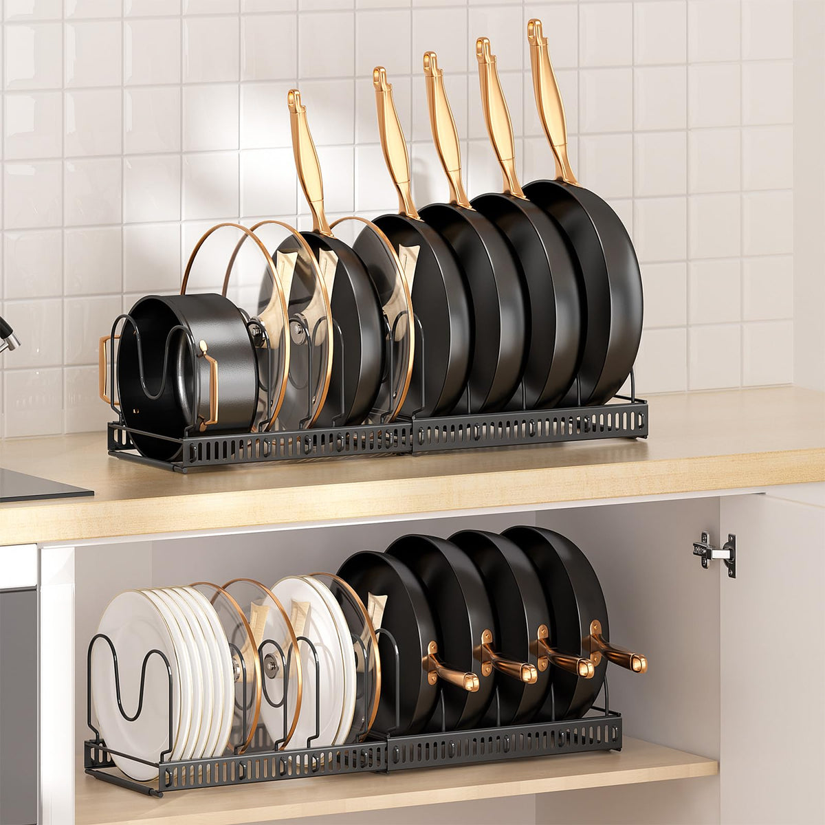 MUDEELA Expandable Pot Pan Lid Organizers inside Cabinet, 10 Divider-Black