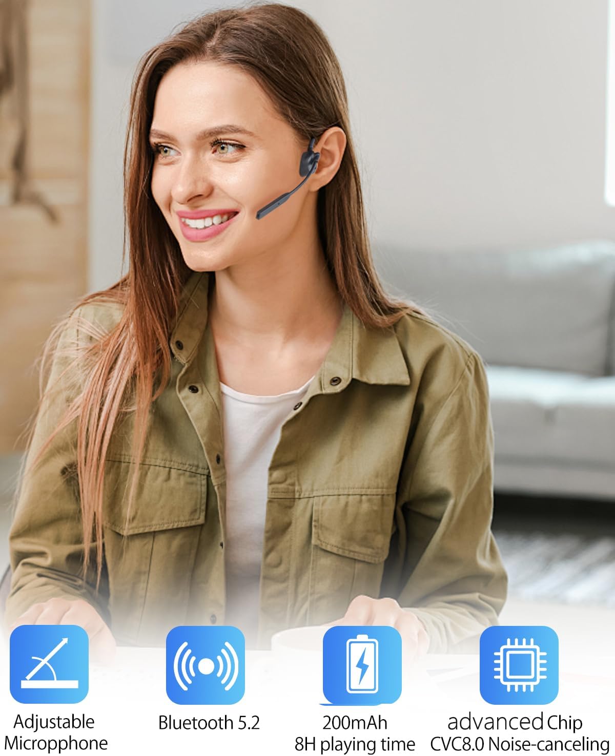 Bluetooth Headphones with Mic Open Ear Headphones Bluetooth 5.2 Headset with Dual CVC8.0 and ENC Noise-canceling Microphones Bone Conduction Headphones Computer Earphones, 8Hrs Battery