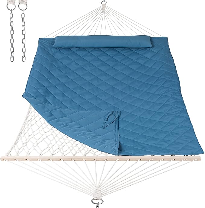 ANOW 2 Person Hammock with Detachable Large Hammock Pad and Pillow, for Garden Yard Outside, 450 LBS Weight Capacity, Blue