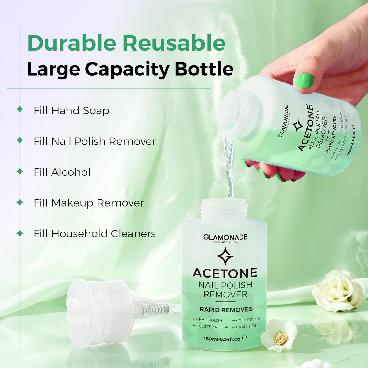 Glamonade Acetone Nail Polish Remover Pump Srong Polish Gel Removal 6.34oz