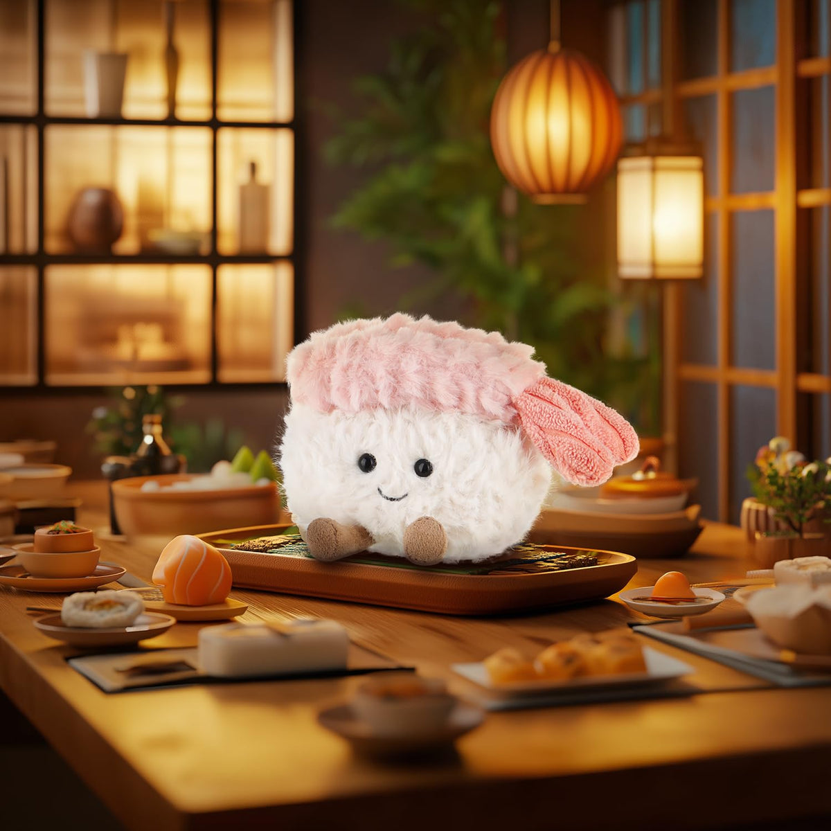Apricot Lamb Plush Food Soft Stuffed Animals Plush Toys Shrimp Sushi 3.1''