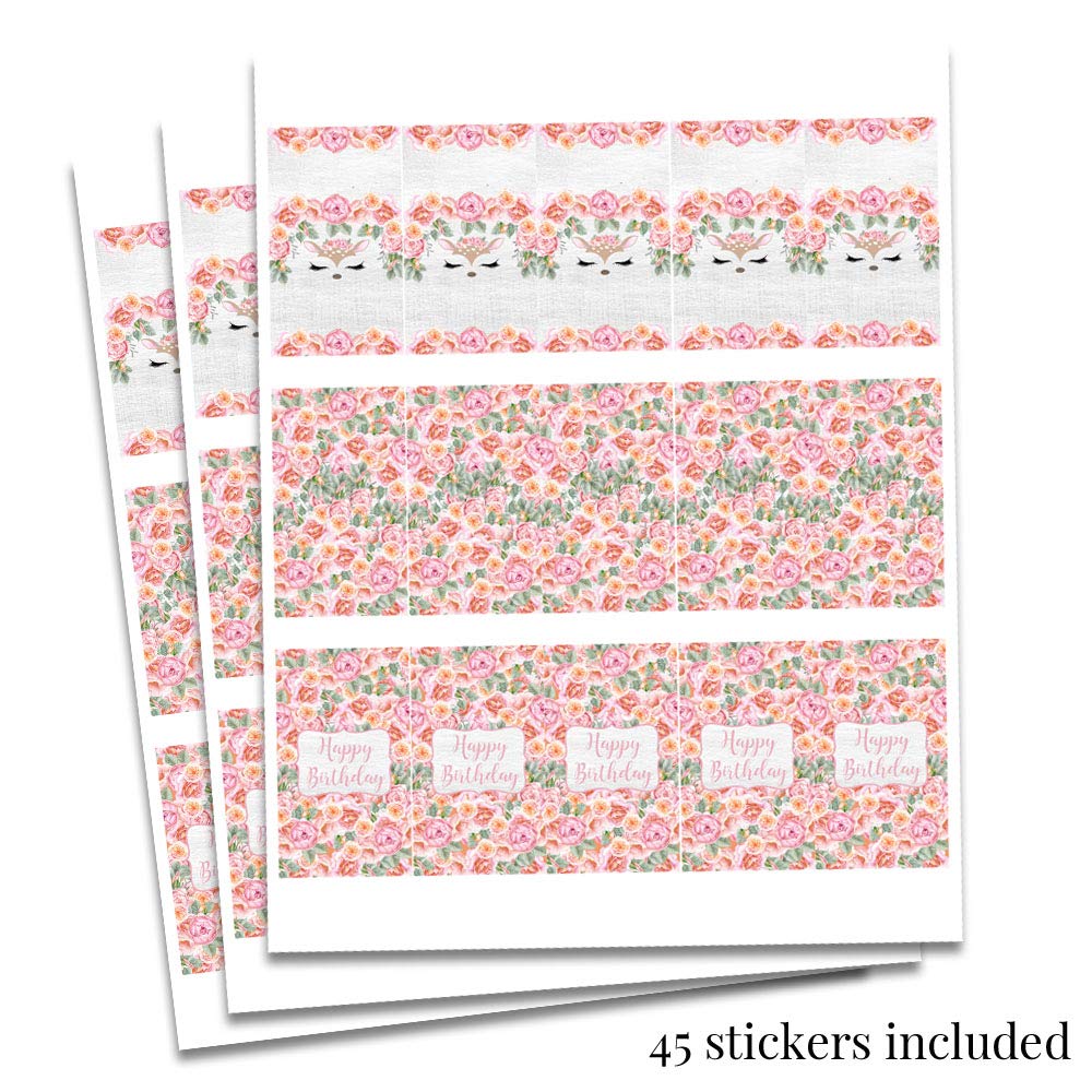 Oh Deer Woodland & Watercolor Floral Themed Birthday Party Mini Chocolate Candy Bar Sticker Wrappers for Kids, 45 1.4" x 2.6" Wrap Around Labels by