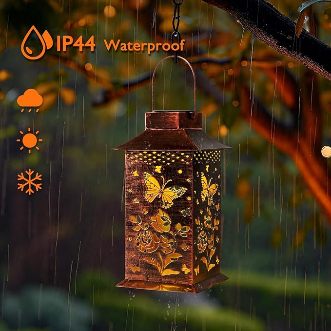 Homemory Butterfly Solar Lanterns Waterproof, Metal Hanging Hollowed-Out Metal Decor Lantern, LED Outdoor Decoration for Outside LED Lanternse for Yard, Backyard, Porch, Lawn