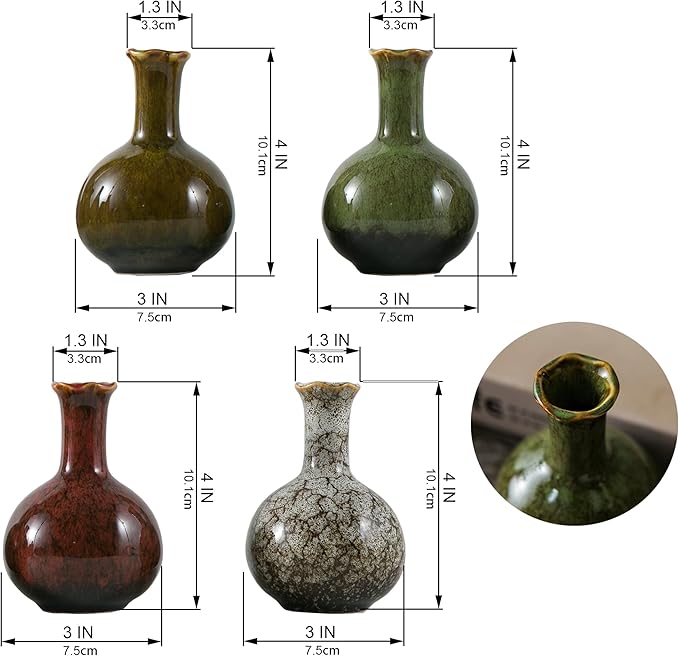 JOJUNO Glazed Rustic Bud Vase Set of 4 - Small Ceramic Mini Pottery Vases in White, Yellow, Green, Red - Ideal for Fresh & Dried Flowers - Modern Farmhouse Décor for Living Room, Shelves, Dining Table