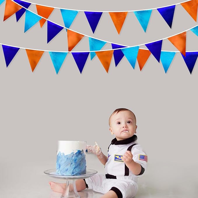 Orange Blue Party Decorations Metallic Fabric Triangle Pennant Flag Bunting Banner Garland for Birthday Baby Shower Graduation Bridal Shower Wedding Bachelorette Engagement Space Theme Party Supplies
