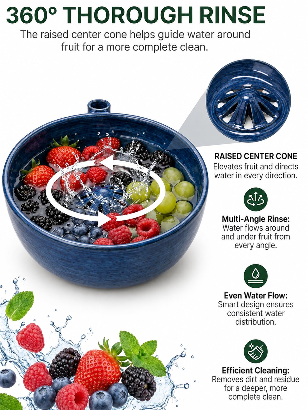 Berry Bowl Fruit Washer with Strainer Holes Ceramic, Ceramic Fruit Bowl Self-Spinning Automatic 360° Swirling Vortex Berry Rinser & Vegetable Colander, Handmade Multipurpose Cleaner Bowl(Blue)