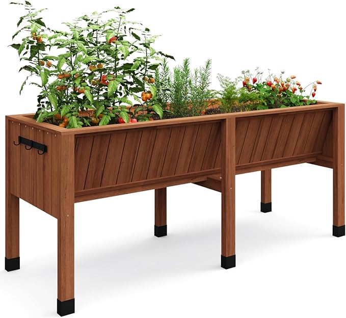 72x26x31 Inch Raised Garden Bed with Legs, 13.7In Depth Wooden Planter Box for Outdoor Growing Vegetables and Herbs, Elevated Garden Bed with Hooks for Backyard, Patio, Balcony