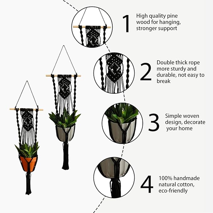 Artilady Black Plant Hanger Macrame Hanging Planter for Indoor Boho Plants Holder with Hooks Hanging Plant Basket Outdoor Window Wall Plants Home Decor