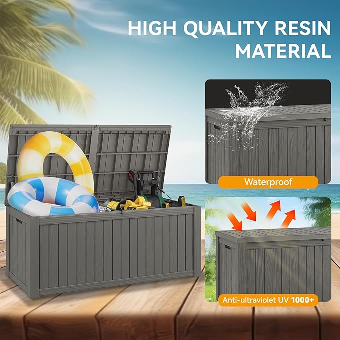NUNU LAB 180 Gallon Outdoor Storage Box,Large Resin Sturdy Deck Box, Backyard Outside Storage Box Waterproof with Double Wall Panels,Package Delivery Garden Hose Storage Bin Outdoor Tool,Grey