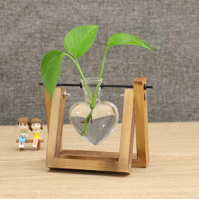 Kingbuy Terrarium with Wooden Stand, Desktop Propagation Station, Air Plant Holder, Metal Swivel Holder for Hydroponics, Home Garden, Wedding Decor - 1 Hearted Vase