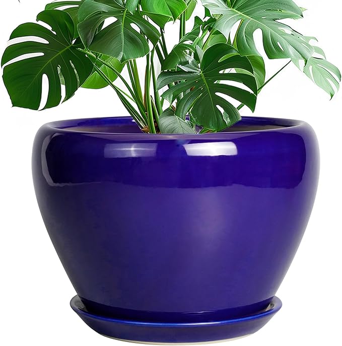 Ceramic Planter 10 Inch - Indoor Plant Pot for Plants with Drainage Hole and Saucer Large Planter Round Outdoor Flower Pot Mid-Century for House Patio Decor Blue