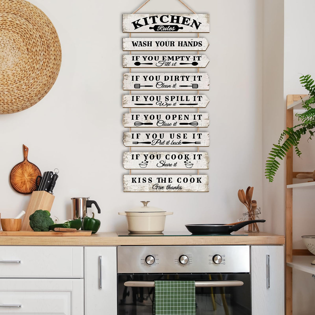PEKCARGO Kitchen Wall Decor Funny Kitchen Signs Kitchen Rules Pictures Wall Art Decor Rustic Farmhouse Western Kitchen Decor Wooden Sign (White)