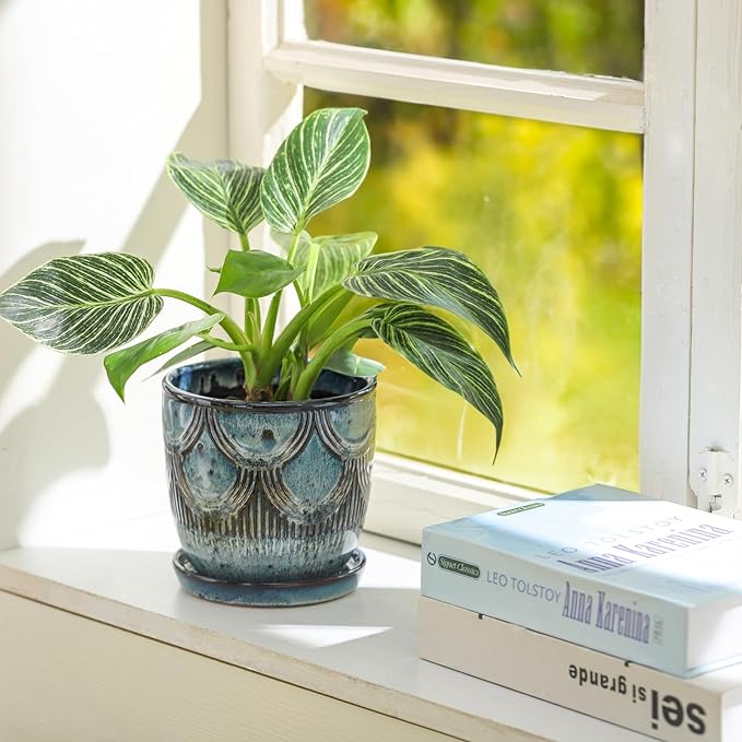 Ceramic Planter Pot, 5in, Reactive Glaze Blue, Indoor Outdoor Usage, with Drainage Hole and Saucer