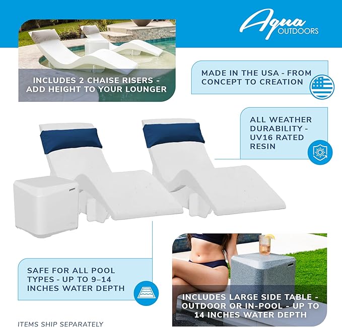 Aqua Outdoors in-Pool DEEP Ledge Chaise Set - Two Chaises - Two Headrest Pillows - Chaise Risers and One Large in Pool Side Table - for ledges 9"-14" inches Deep (White Granite-Grey)
