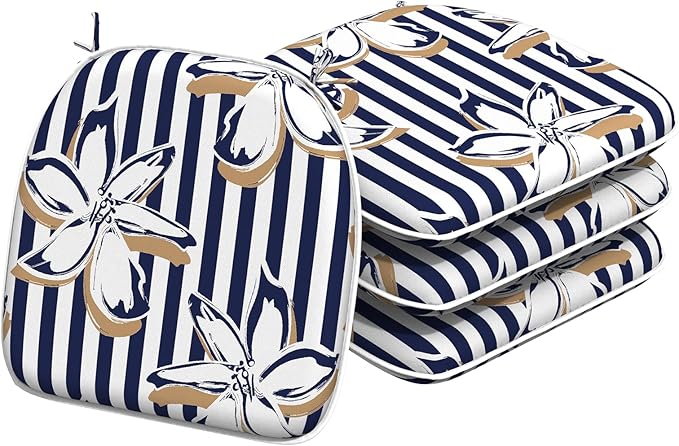 Indoor/Outdoor Chair Cushions 16x17 Inch, Patio Chair Cushions with Ties, All Weather Seat Cushions for Patio Furniture Home Garden Chair Use, Set of 4, Clemens Cabana Navy