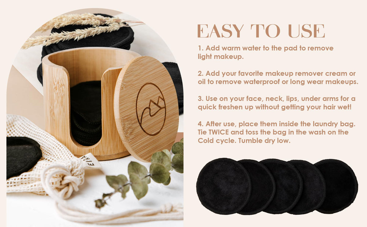 Reusable Makeup Remover Pads with Bamboo Holder – Washable Bamboo Cotton Rounds for Face, Toner & Sensitive Skin – Eco Friendly Zero Waste Skincare Set by EIRA