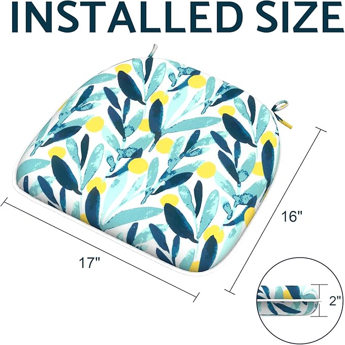 Indoor/Outdoor Chair Cushions 16x17 Inch, Patio Chair Cushions with Ties, All Weather Seat Cushions for Patio Furniture Home Garden Chair Use, Set of 4, Leaves Multi