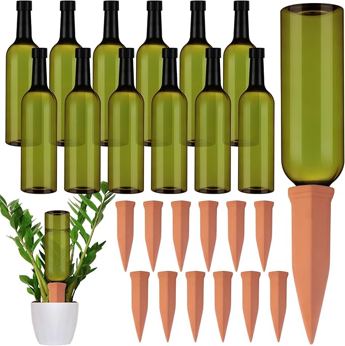 12 Sets Plant Watering Devices Include Terracotta Self Watering Spikes and 26 oz Plastic Bottles, Slow Release Vacation Insert Automatic Plant Waterer Device (Green and Terracotta)