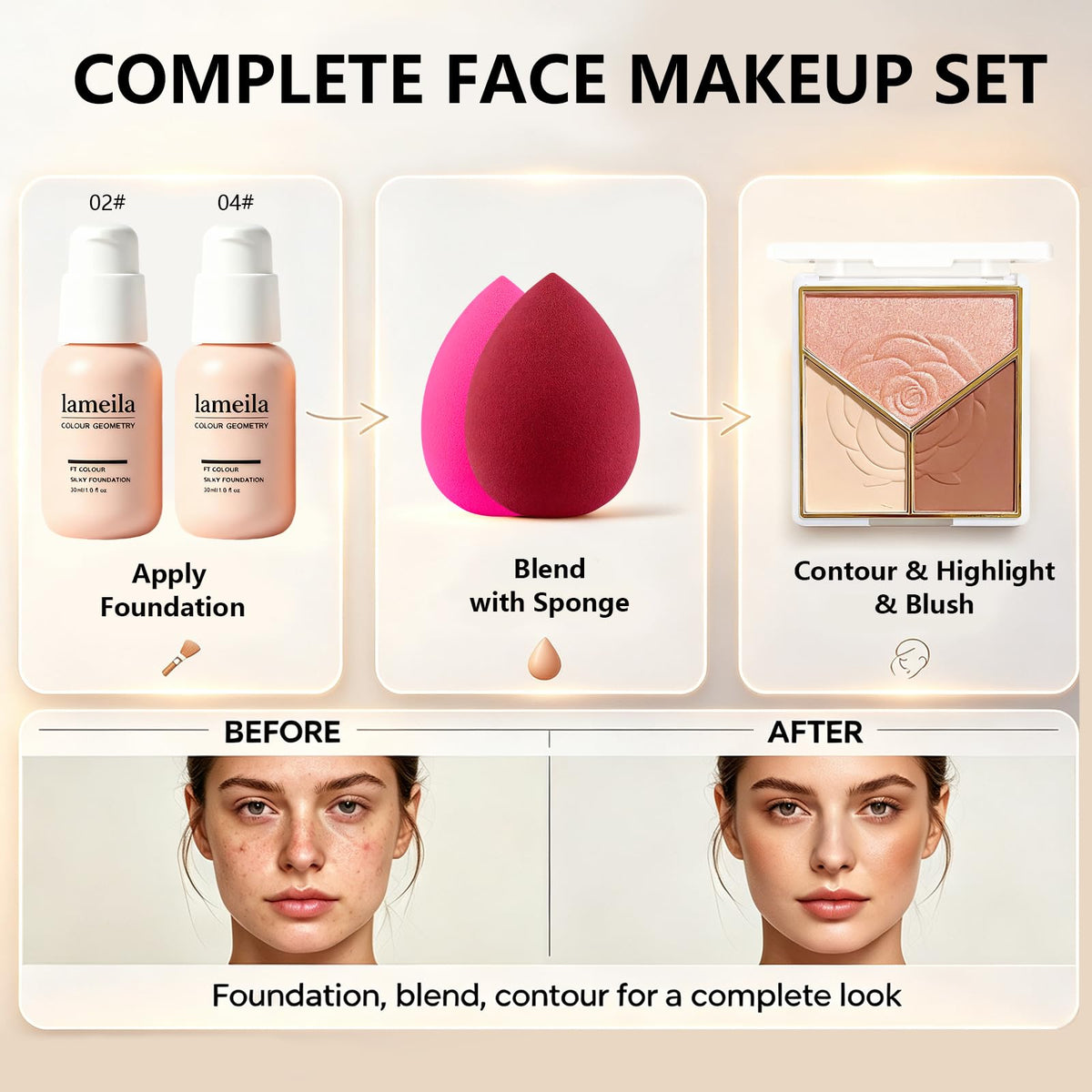 All in One Makeup Kit for Women Full Kit, Makeup Essential Bundle 12 Colors Eyeshadow Foundation Lipsticks Eyeliner Mascara Contour Powder Contour Stick Brow Pencil, Make Up Gift Set for Women & Teens