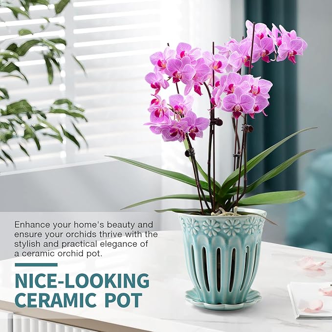 5" Ceramic Orchid Pot with Holes | Crackle Glazed Pot with Drainage and Separate Saucer | Ideal Plant Pot for Repotting Orchids and Other Flowers (Blue)