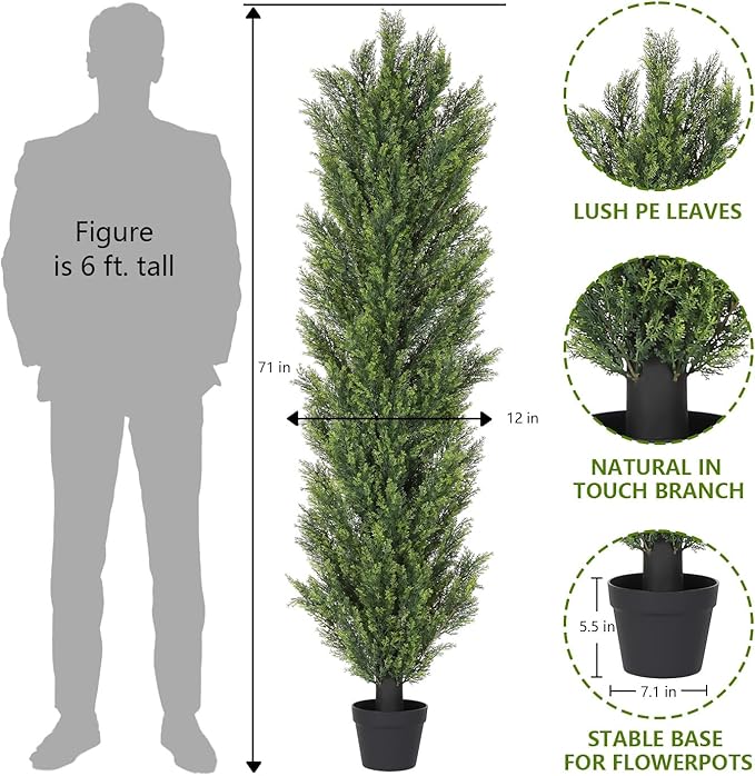THE BLOOM TIMES 6ft Tall Topiary Trees Artificial Outdoor – UV Resistant Faux Cedar Pine Cypress Bushes and Shrubs, Fake Potted Plants for Front Porch Outside Planter Patio Decor, Set of 2 (6 Foot)
